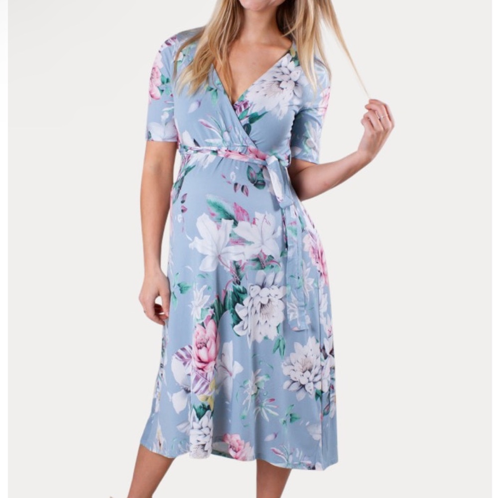 Blue Floral Sexy Mama Maternity Wrap- Tie Dress 6-8 Medium